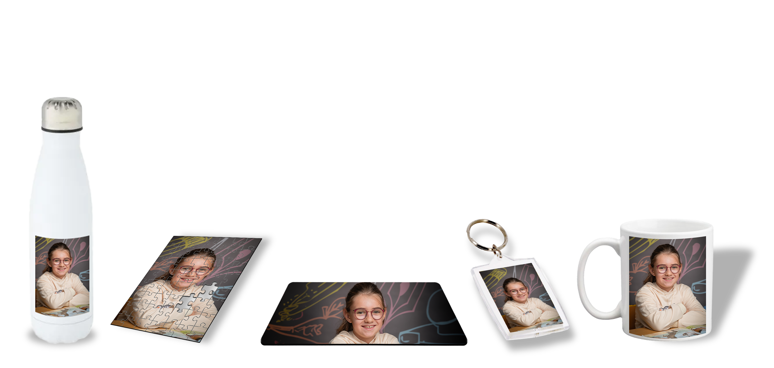 Objets personnalis&eacute;s avec photos scolaires : mugs, porte-cl&eacute;s